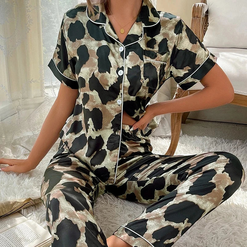 Spring Autumn Pajama Women Silk Satin Pajamas Set Long Sleeve Shirt with Trouser Sleepwear Loungewear Female Pajamas Suits Mujer