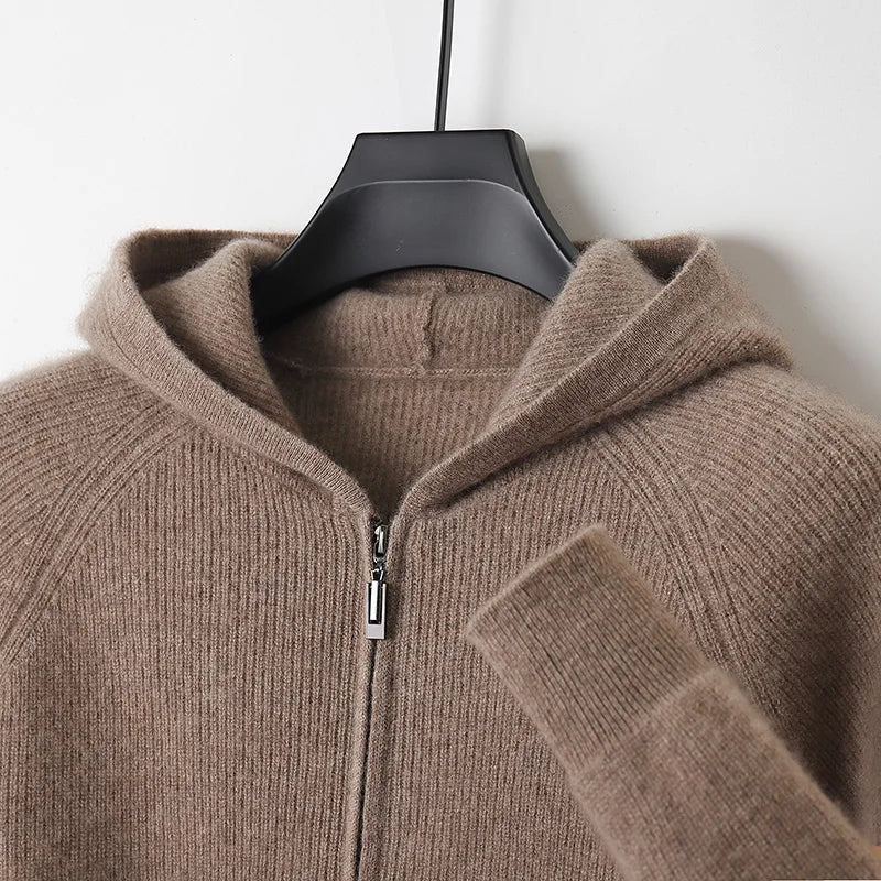 Men's 100% Merino Wool Hooded Zipper Cardigan - Autumn Winter Thick Knit Large Size Jacket Long Sleeved Sportswear Coat