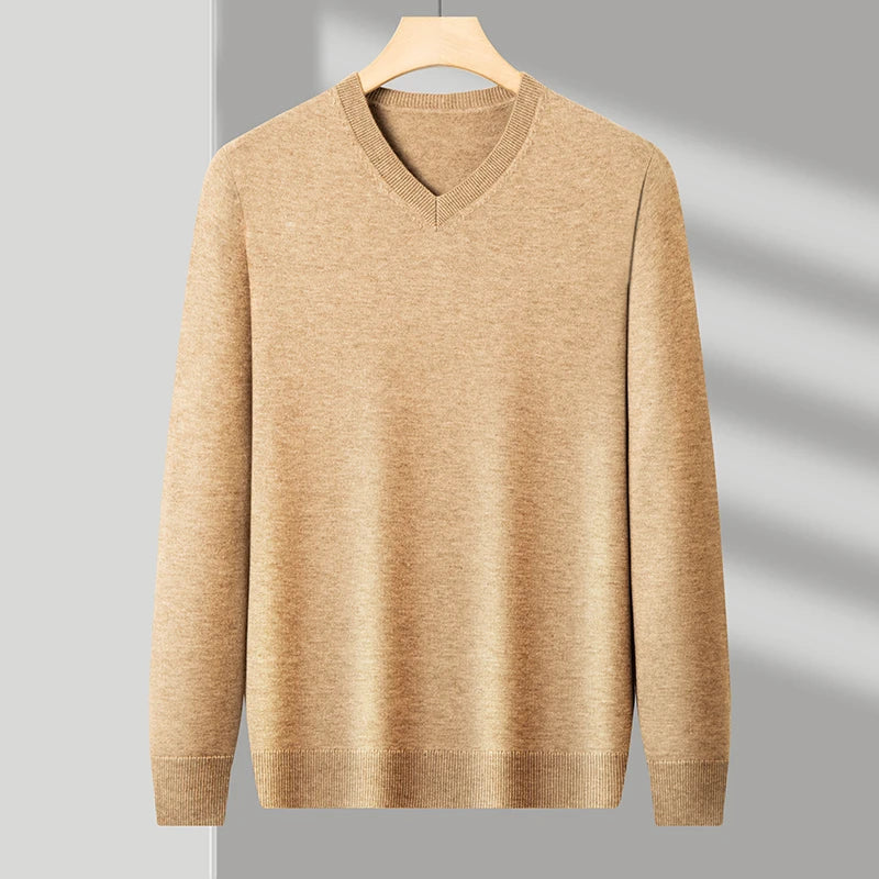 Men's V-Neck Basic Solid Color Sweatshirt Warm Autumn Knitted Oversize Pullover Elastic Round Neck Sweater for Casual Wear