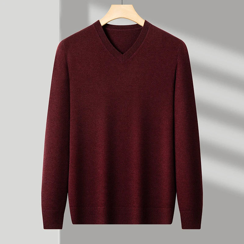 Men's V-Neck Basic Solid Color Sweatshirt Warm Autumn Knitted Oversize Pullover Elastic Round Neck Sweater for Casual Wear
