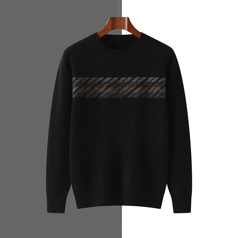 Autumn Winter New Round Neck 100% Cashmere Sweater for Men - Loose Thickened Casual Color Block Pullover Knitted Base Shirt