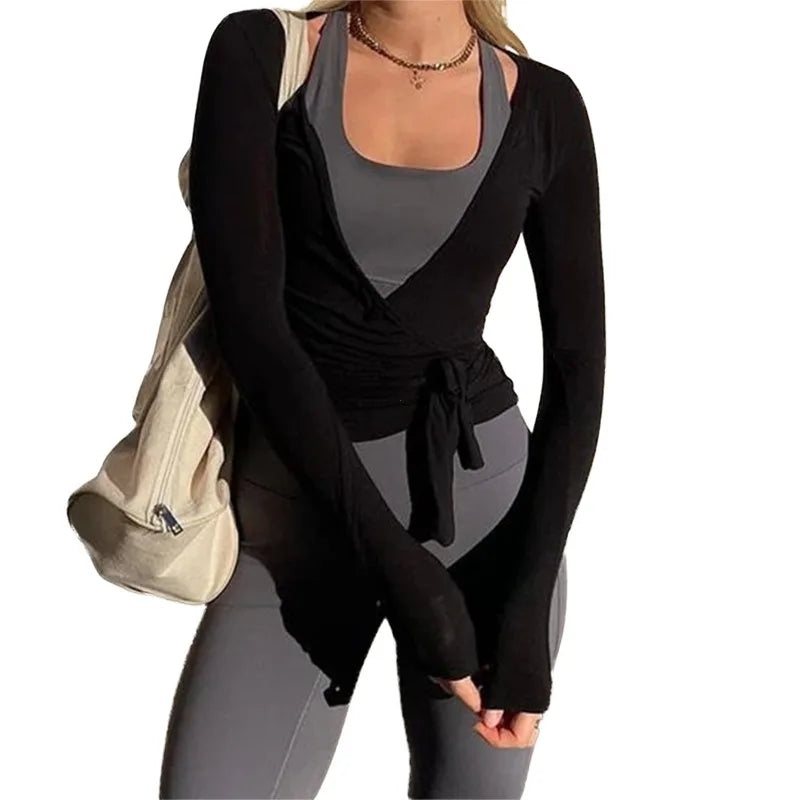 Women Yoga Wrap Tie Tops Y2k Solid Long Sleeve Slim Fit Crop Tops Ballet Workout Yoga T-Shirts Tees Coquette Sweet Chic Tops