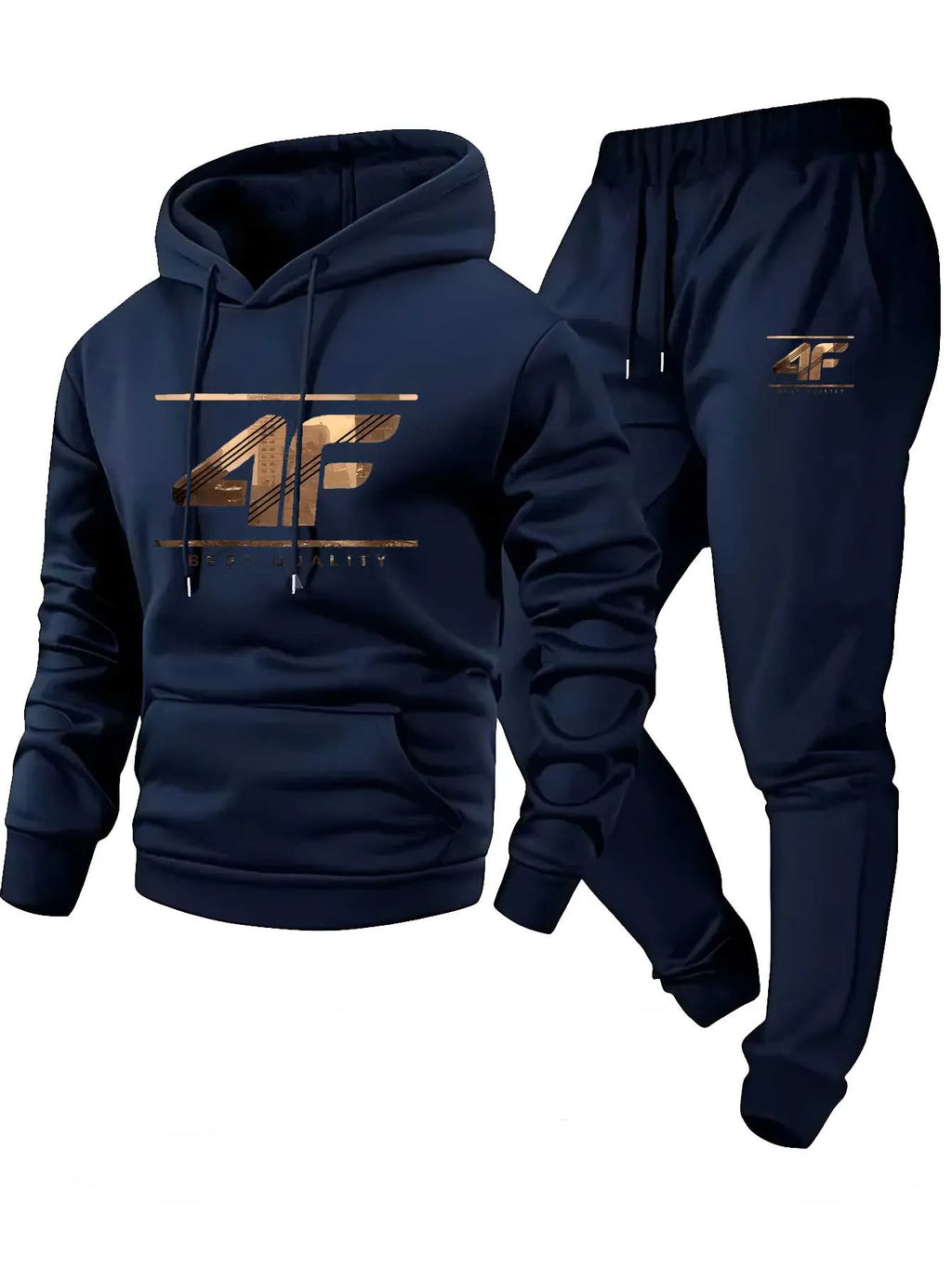 Men's Hoodie & Jogger Set with '4F' Print - Casual Sportswear Beige & Black Matching Tracksuit for Gym Lounge Outdoor
