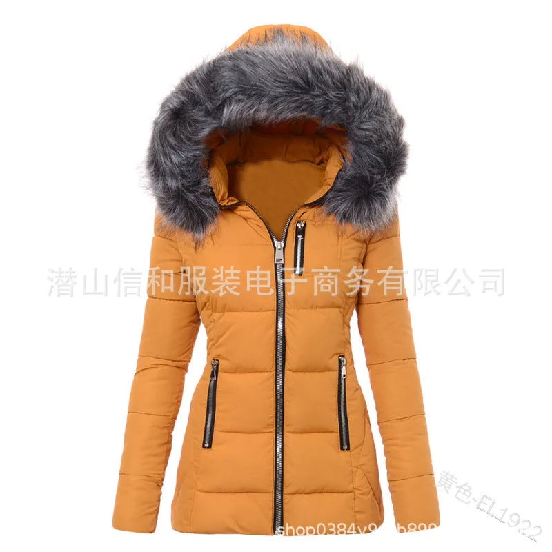 Women's Parkas Jacket Cotton Coat Winter Thick Fur Collar Hooded Windproof Padded Jackets Outerwear Zipper Overcoat Office Lady