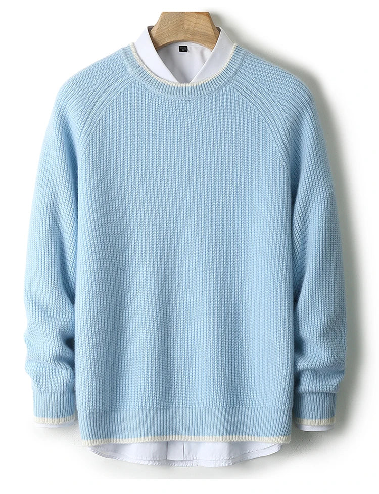 100% Pure Wool Men's Round Neck Thick Pullover Sweater - Youth Knitted Cashmere Sweater with Bottom