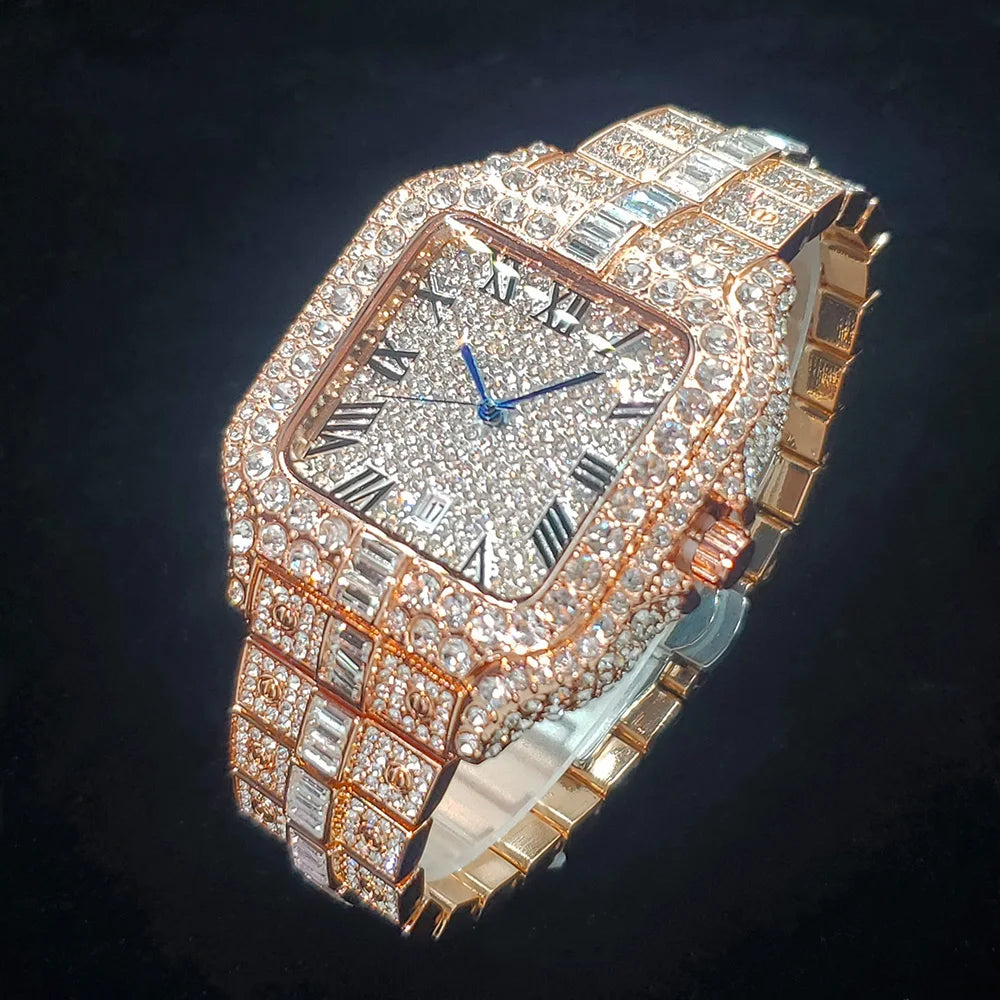 Luxurious Full Diamond Watch for Men Popular Rose Gold Iced Out Quartz Watches Fashion Hip Hop Jewelry Reloj Hombre Dropshipping