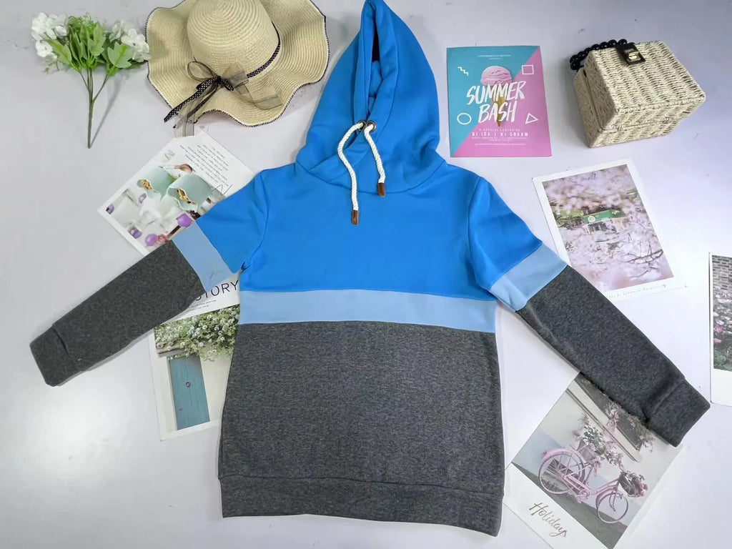 Women's 2024 New Autumn and Winter Solid Color Stitching Casual High Collar Hooded Sweatshirt