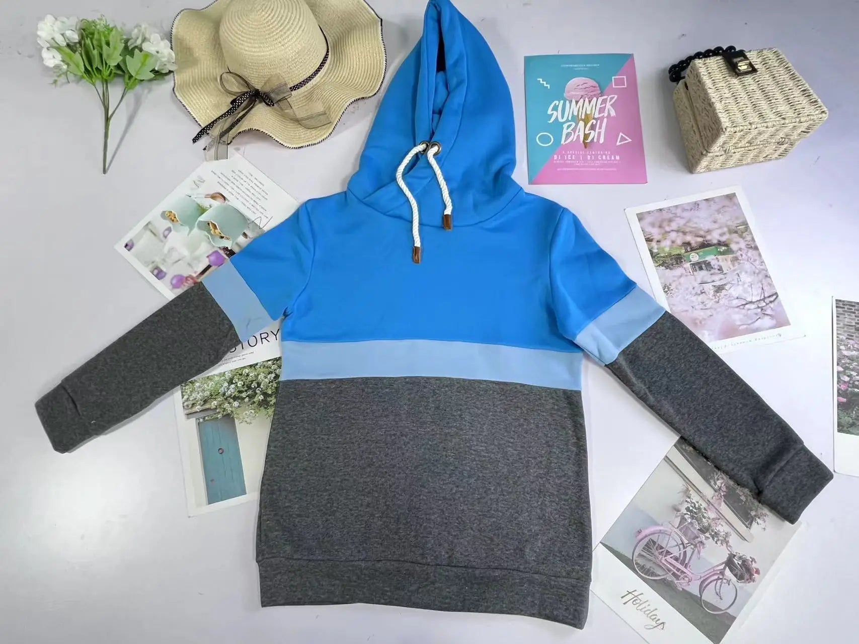 Women's 2024 New Autumn and Winter Solid Color Stitching Casual High Collar Hooded Sweatshirt