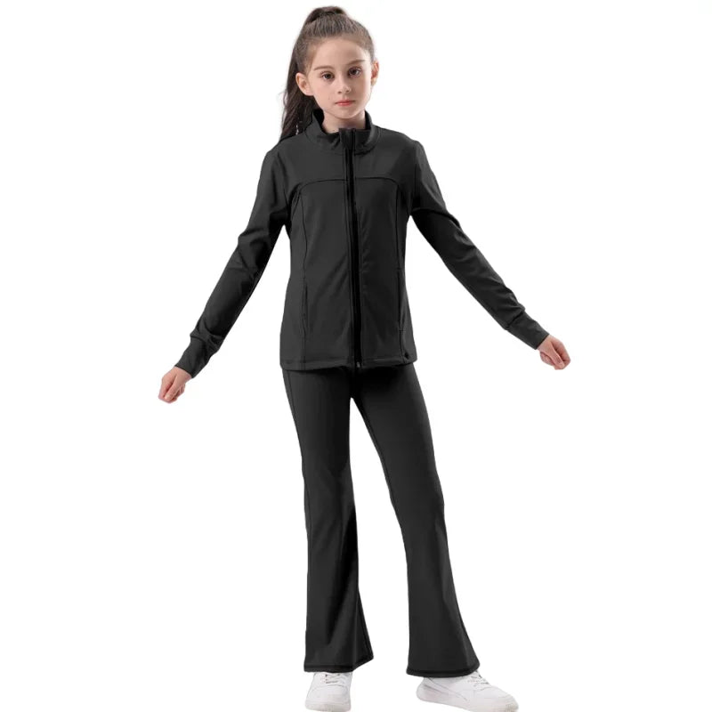 Kids' UV Protection Yoga Set European & American Style Long Sleeve Workout Outfit Breathable Solid Color Sportswear for Girls