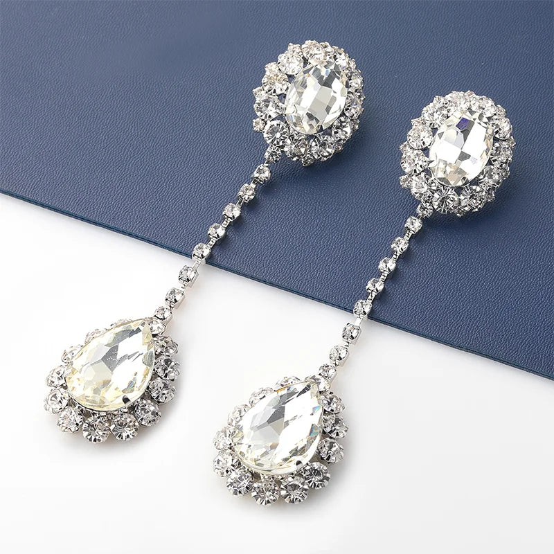 Stonefans Fashion Shiny Rhinestone Long Oval Earrings for Women Luxurious Water Drop Pendant Earrings Claw Chain Jewelry Party