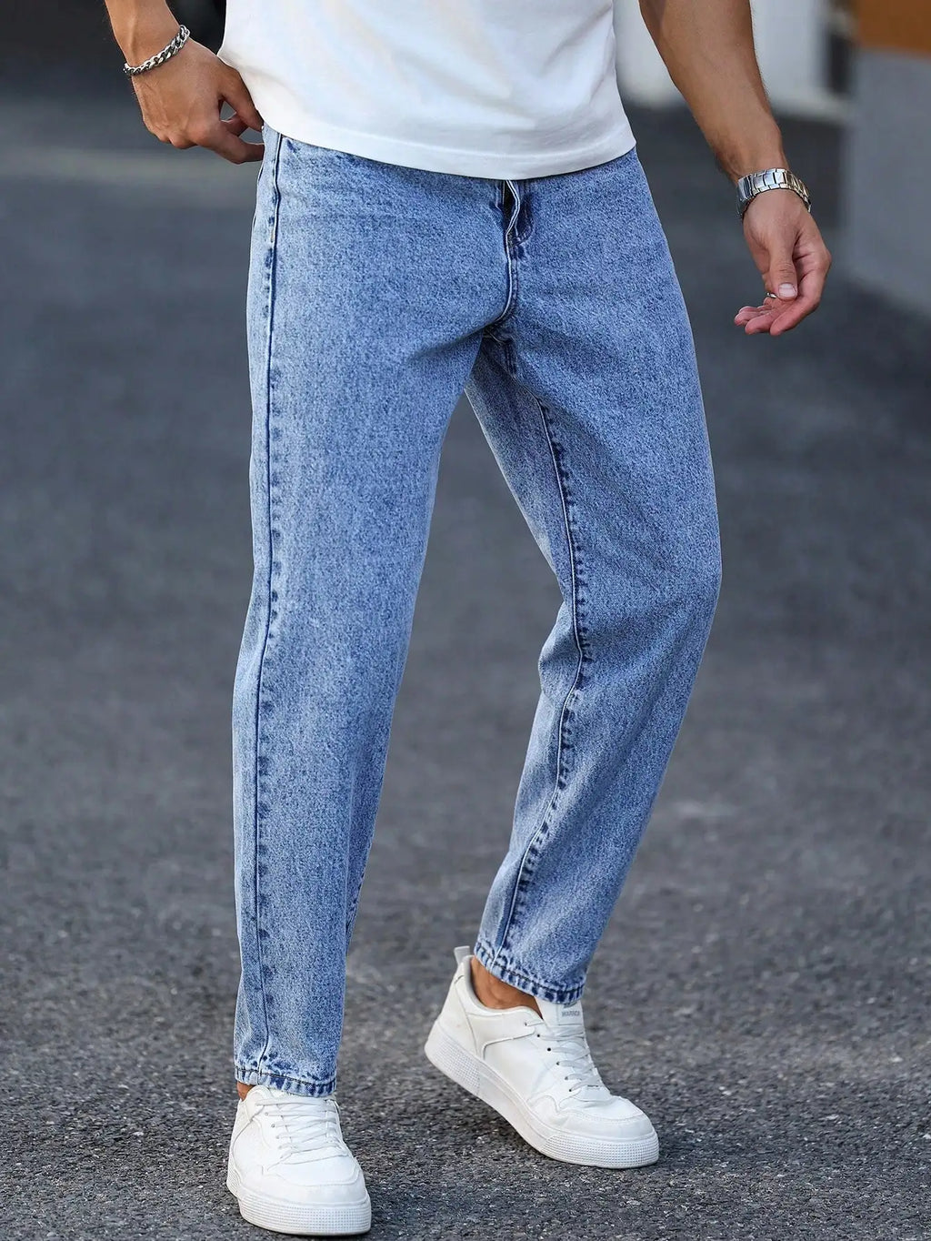 Men's Light Blue Washed Denim Trousers - Slim Fit and Casual