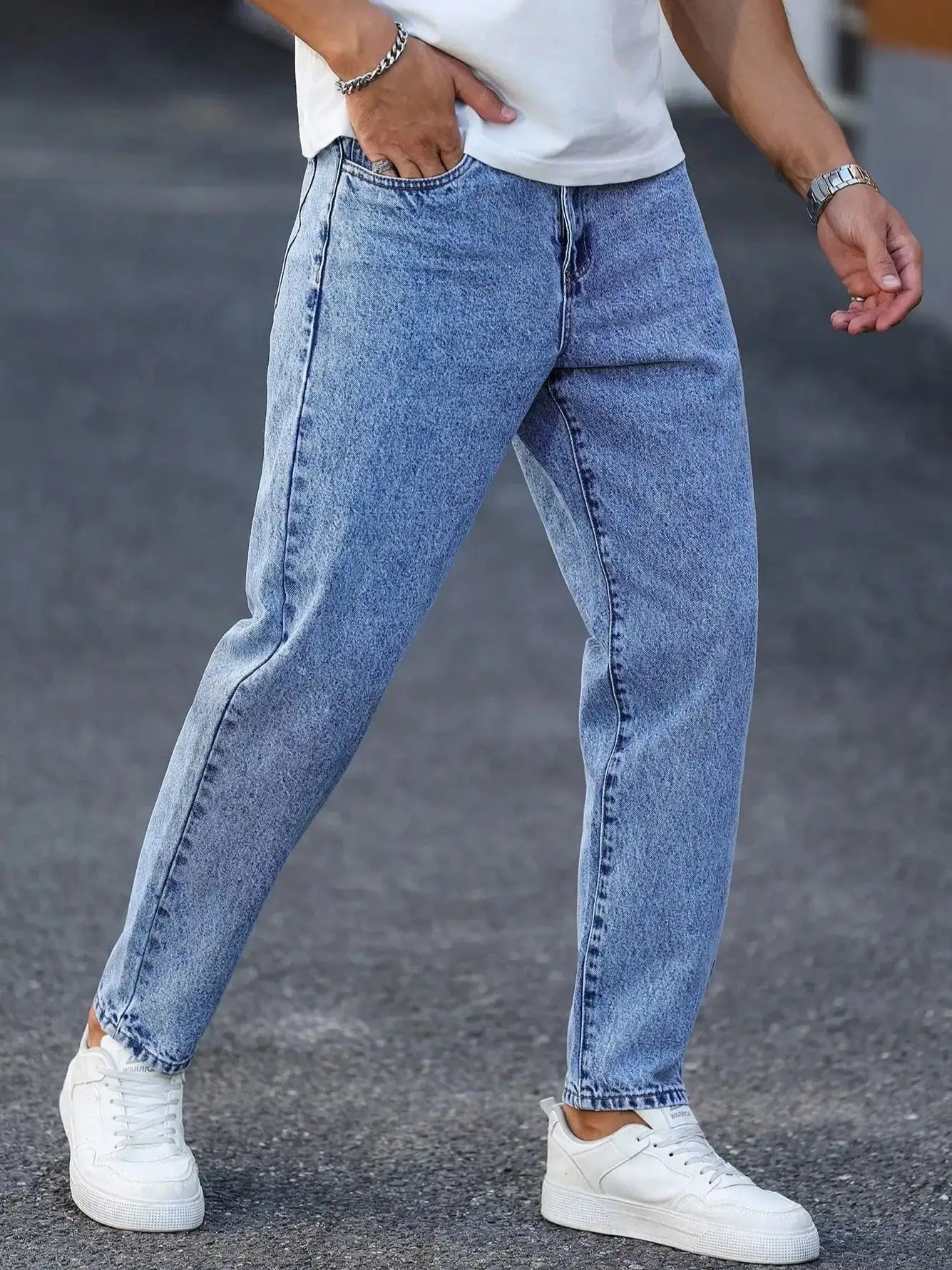 Men's Light Blue Washed Denim Trousers - Slim Fit and Casual