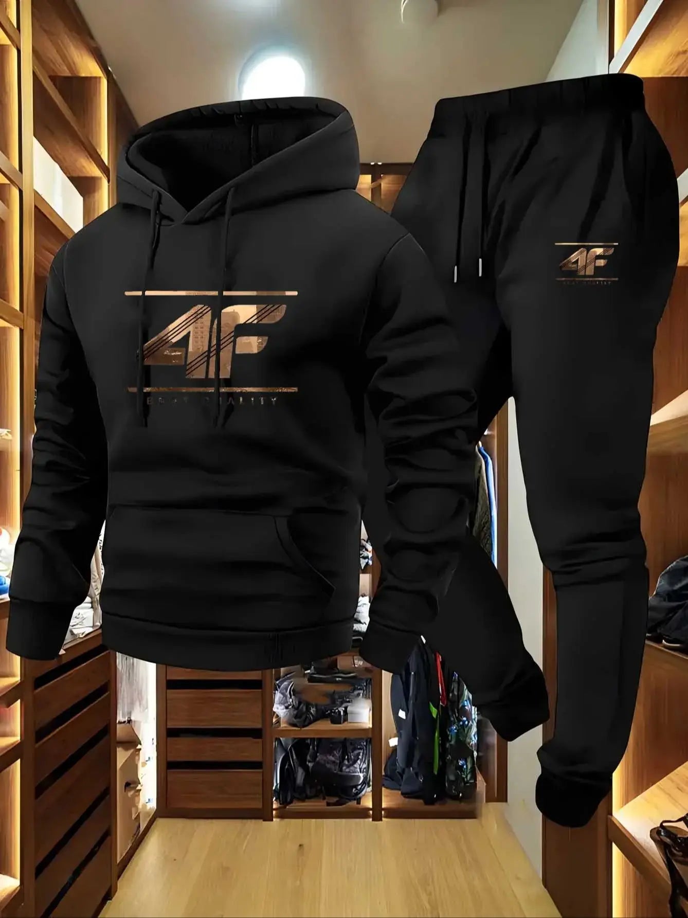 Men's Hoodie & Jogger Set with '4F' Print - Casual Sportswear Beige & Black Matching Tracksuit for Gym Lounge Outdoor