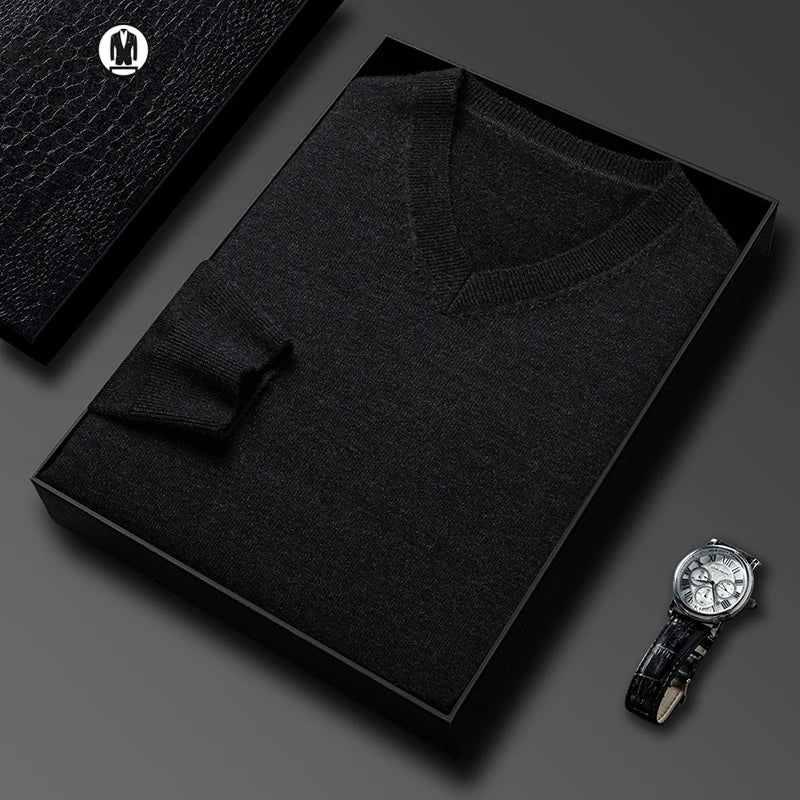 Men's V-Neck Basic Solid Color Sweatshirt Warm Autumn Knitted Oversize Pullover Elastic Round Neck Sweater for Casual Wear