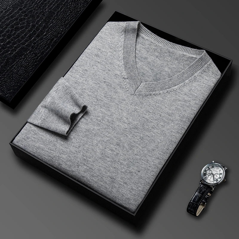 Men's V-Neck Basic Solid Color Sweatshirt Warm Autumn Knitted Oversize Pullover Elastic Round Neck Sweater for Casual Wear