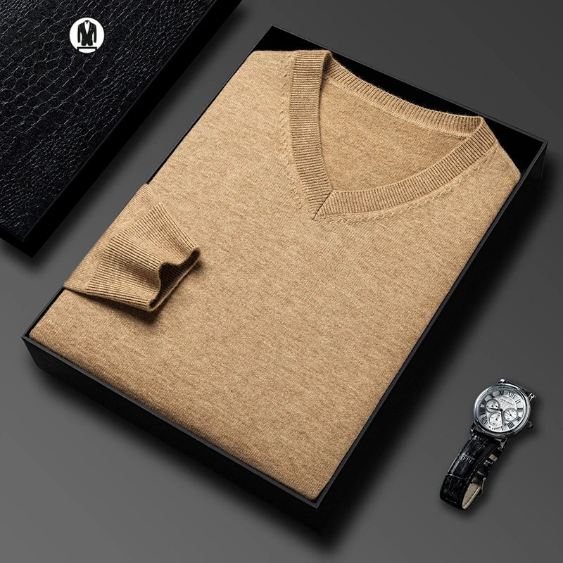 Men's V-Neck Basic Solid Color Sweatshirt Warm Autumn Knitted Oversize Pullover Elastic Round Neck Sweater for Casual Wear