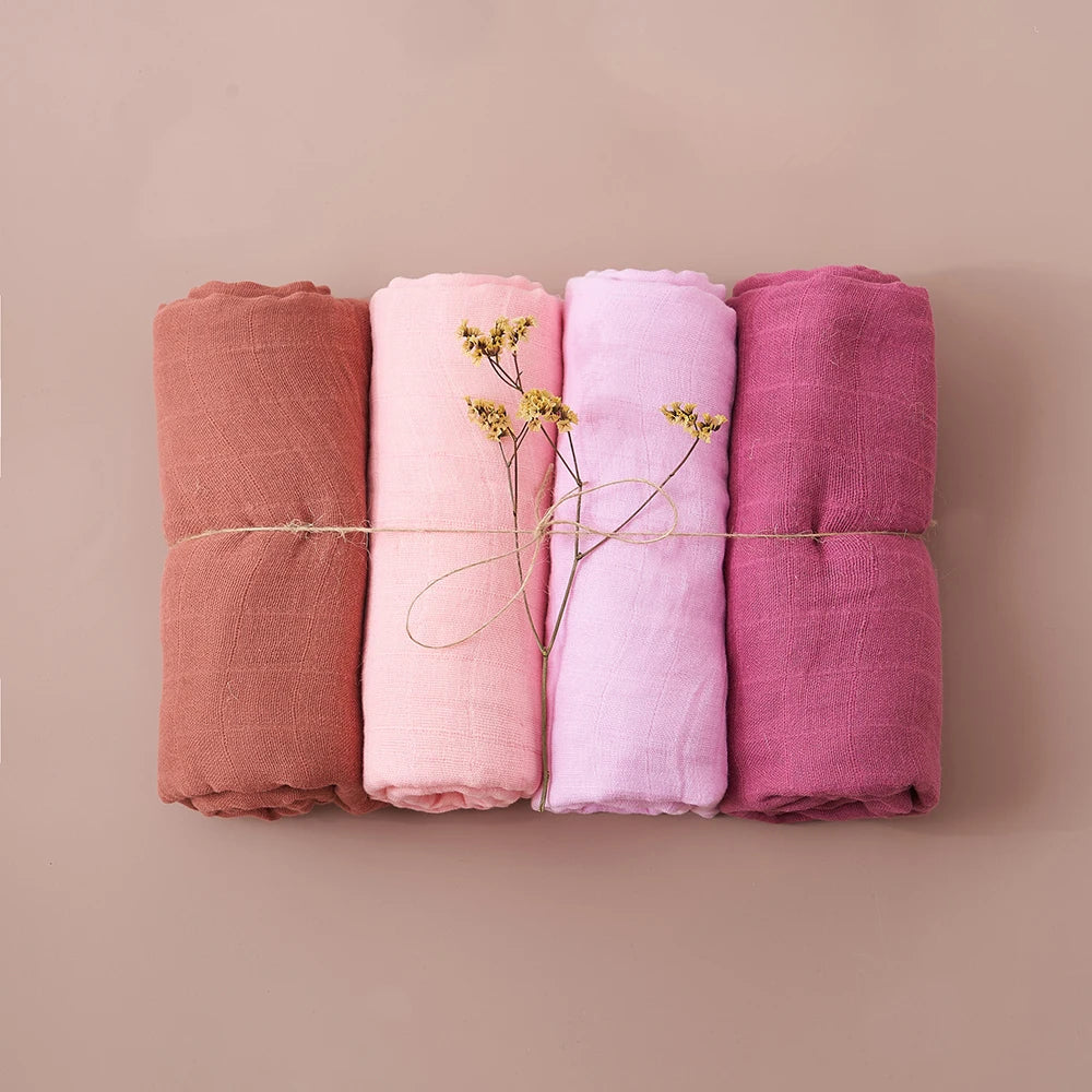 Elinfant 100% Cotton 4PCS Muslin Swaddle Blankets,120*110cm Bamboo Cotton Newborn Baby Bath Towel Wrap