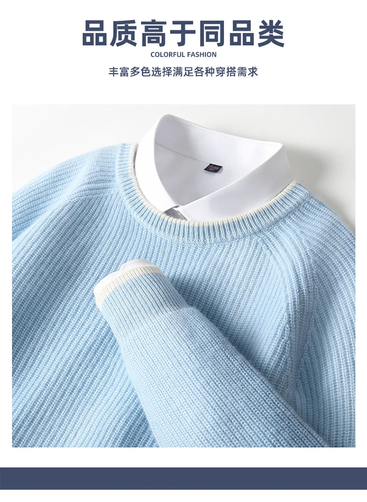 100% Pure Wool Men's Round Neck Thick Pullover Sweater - Youth Knitted Cashmere Sweater with Bottom