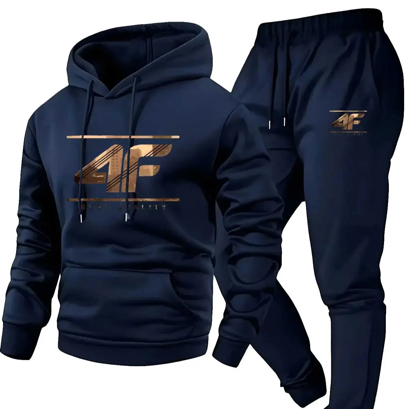 Men's Hoodie & Jogger Set with '4F' Print - Casual Sportswear Beige & Black Matching Tracksuit for Gym Lounge Outdoor