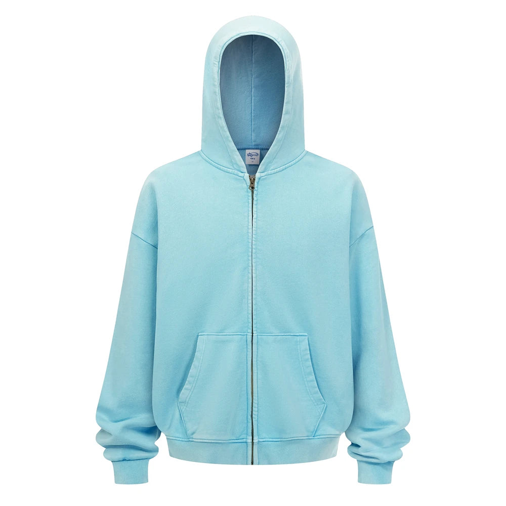 ZODF Trendy Batik Washed 430gsm Man's Zipper Hoodies Unisex Solid Loose Distressed Terry 100% Cotton Hooded Coats HY1159