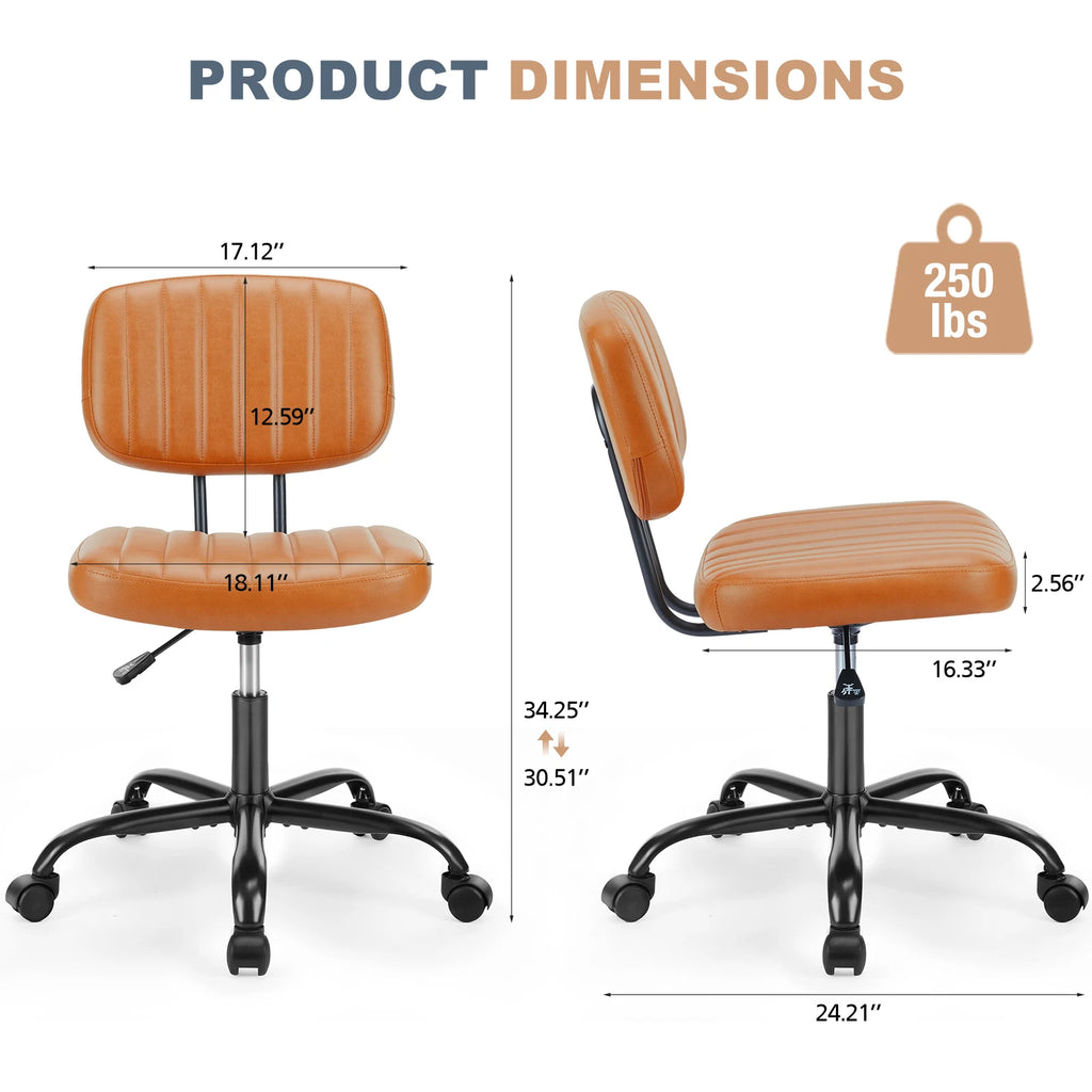 JHK Armless Office Desk Chair with Back Lumbar Support, Height Adjustable PU Leather Computer Chair with 360° Swivel Rolling Wheels