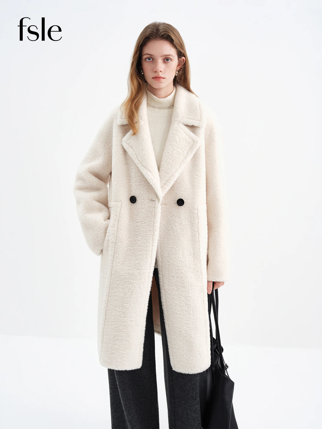 FSLE Women's Suede Faux Fur Lamb Wool Coat with Turn Down Collar - 2025 Winter New Style Furry Coat