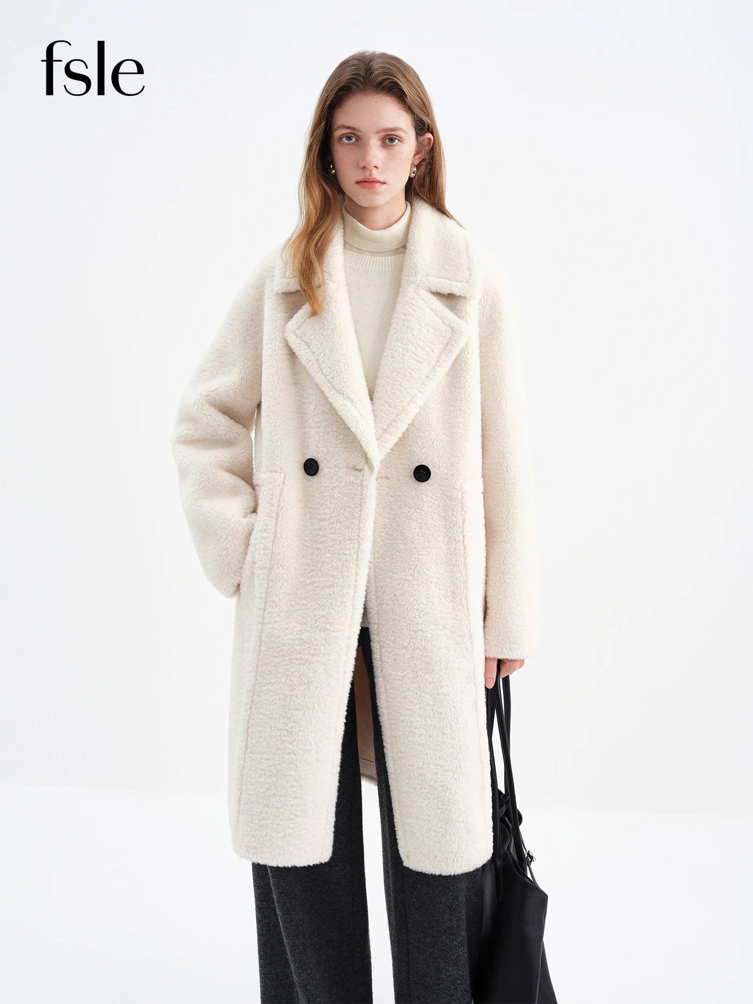 FSLE Women's Suede Faux Fur Lamb Wool Coat with Turn Down Collar - 2025 Winter New Style Furry Coat