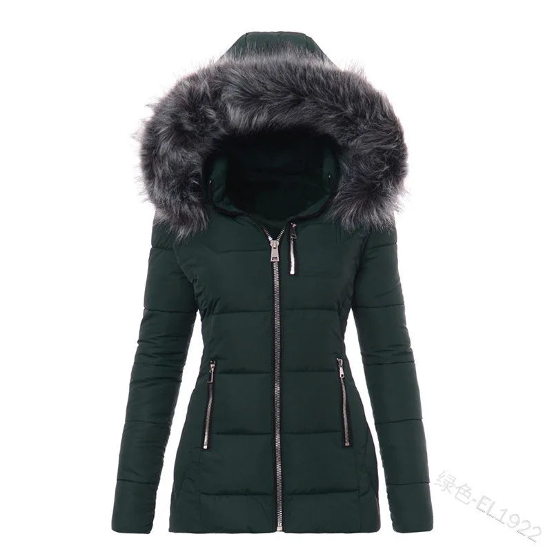 Women's Parkas Jacket Cotton Coat Winter Thick Fur Collar Hooded Windproof Padded Jackets Outerwear Zipper Overcoat Office Lady