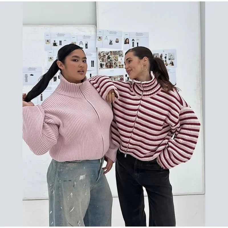 Women's Panelled Striped Zipper Knit Sweater Turtleneck Full Sleeve Coat 2026 Spring Autumn Female Casual Outings Daily Matching
