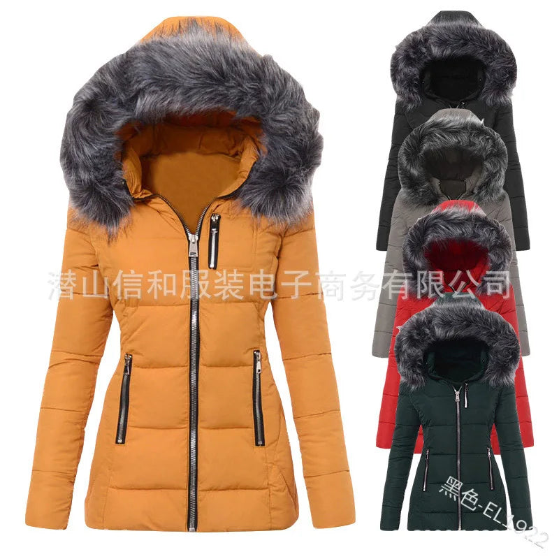 Women's Parkas Jacket Cotton Coat Winter Thick Fur Collar Hooded Windproof Padded Jackets Outerwear Zipper Overcoat Office Lady