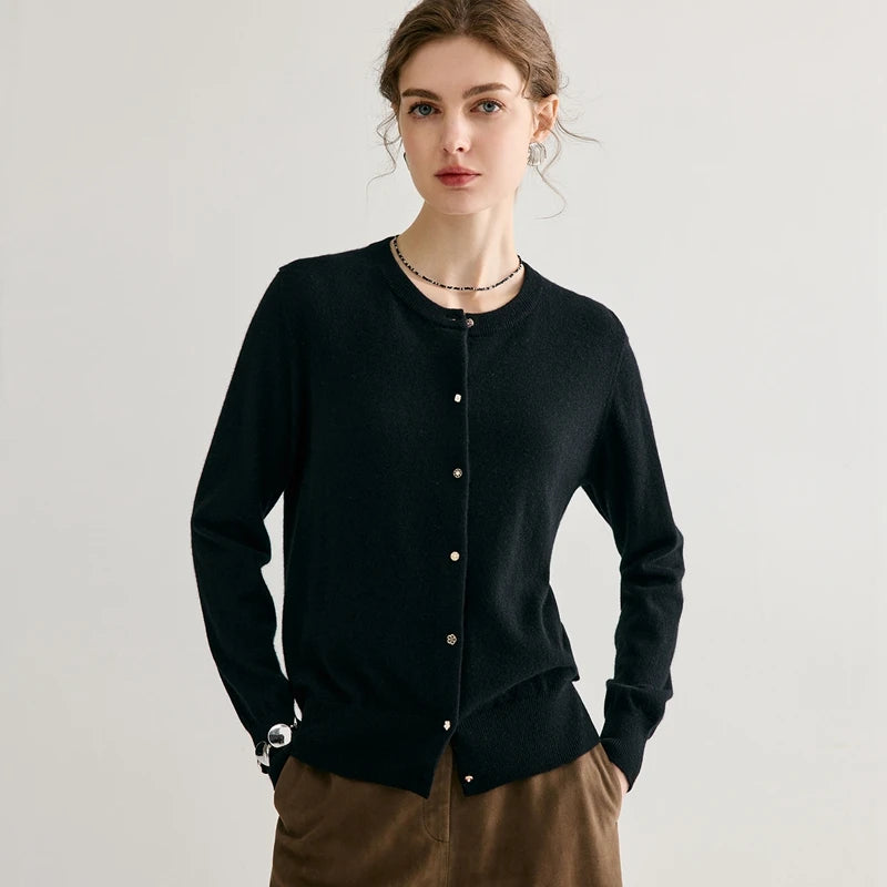 High-quality 100% Pure Cashmere Women's Cardigan Casual Knitted Sweater Loose Round Neck Tops Thickened Basic Pull Jumper