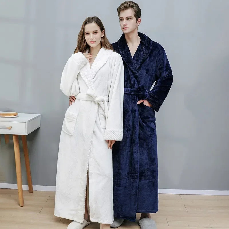 Women's Autumn and Winter Warm Long Coral Velvet Thick Couple Bathrobes for Men and Women - Pajamas and Shower Robes with Bath Towels for Adults