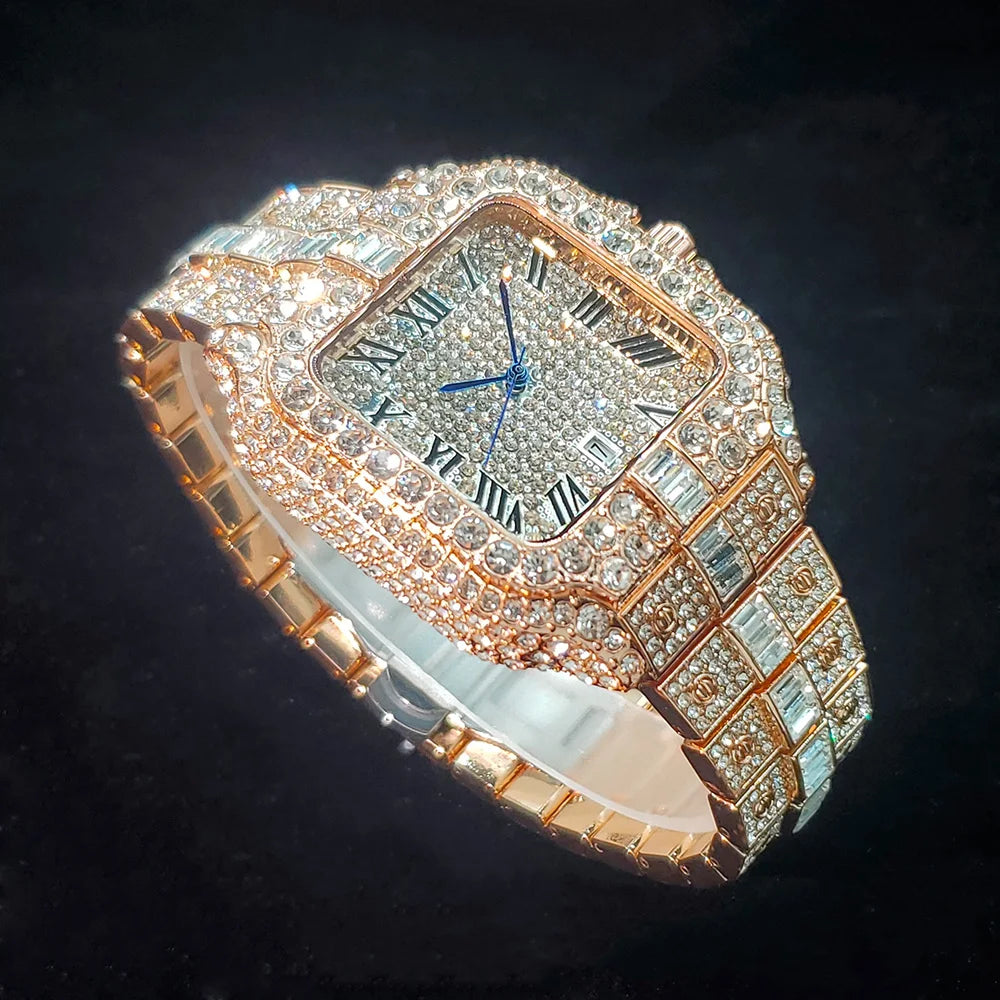 Luxurious Full Diamond Watch for Men Popular Rose Gold Iced Out Quartz Watches Fashion Hip Hop Jewelry Reloj Hombre Dropshipping