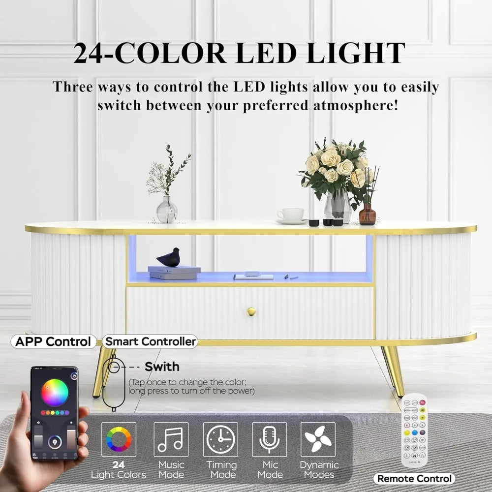 47" Fluted Coffee Table with LED Lights & Storage - Luxury Modern Oval Center Table for Living Room, Coffe Tables,Customized