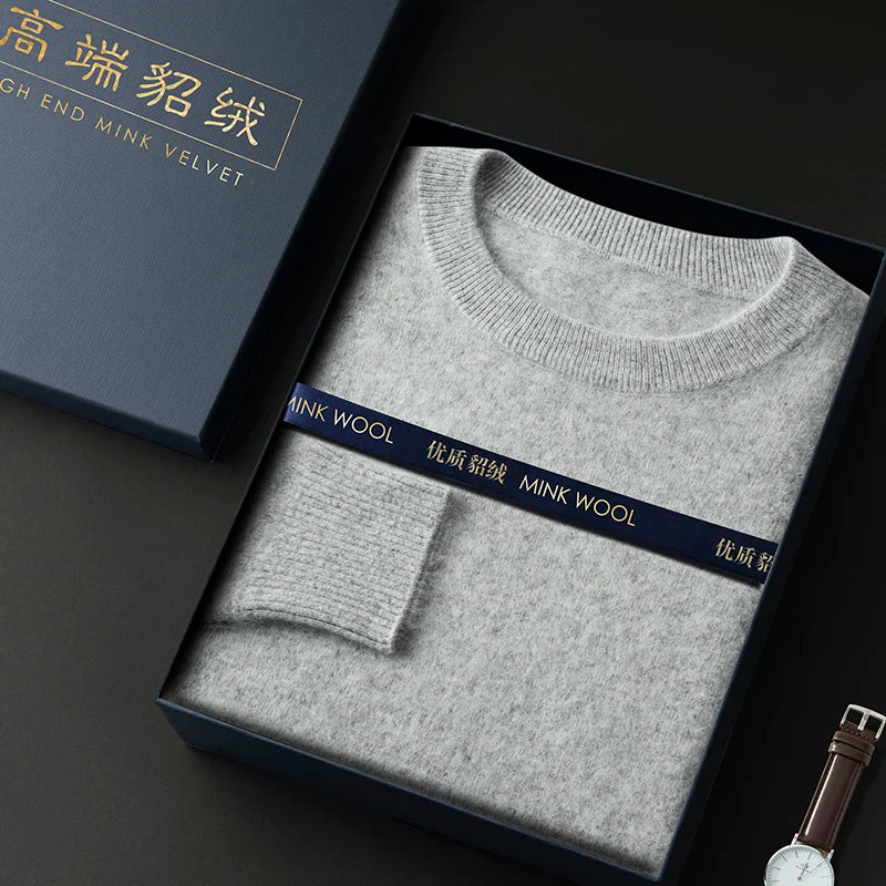 100% Pure Mink Cashmere Men's Round Neck Sweater for Autumn Winter, Casual Knitted Long Sleeved Pullover Sweater Men's Clothing