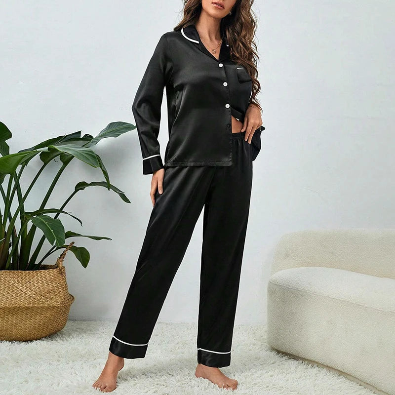 Spring Autumn Pajama Women Silk Satin Pajamas Set Long Sleeve Shirt with Trouser Sleepwear Loungewear Female Pajamas Suits Mujer