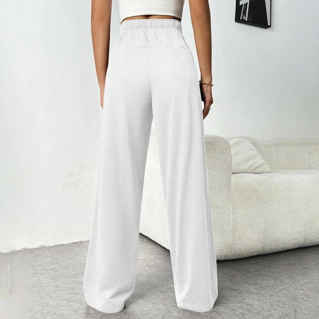 Women New Elastic Waist Pants with Side Pockets Fleece Lined Thick Wide Leg Sweatpants Pure Color Straight Cut