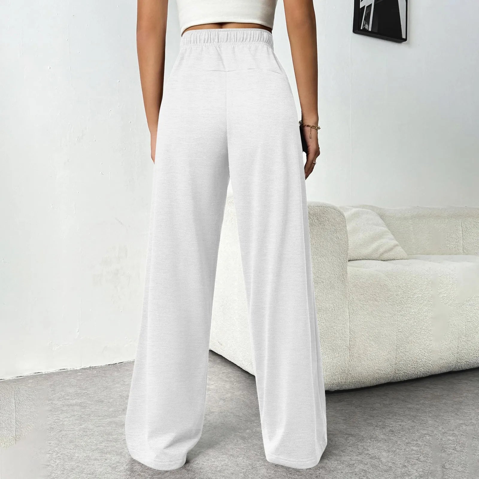Women New Elastic Waist Pants with Side Pockets Fleece Lined Thick Wide Leg Sweatpants Pure Color Straight Cut