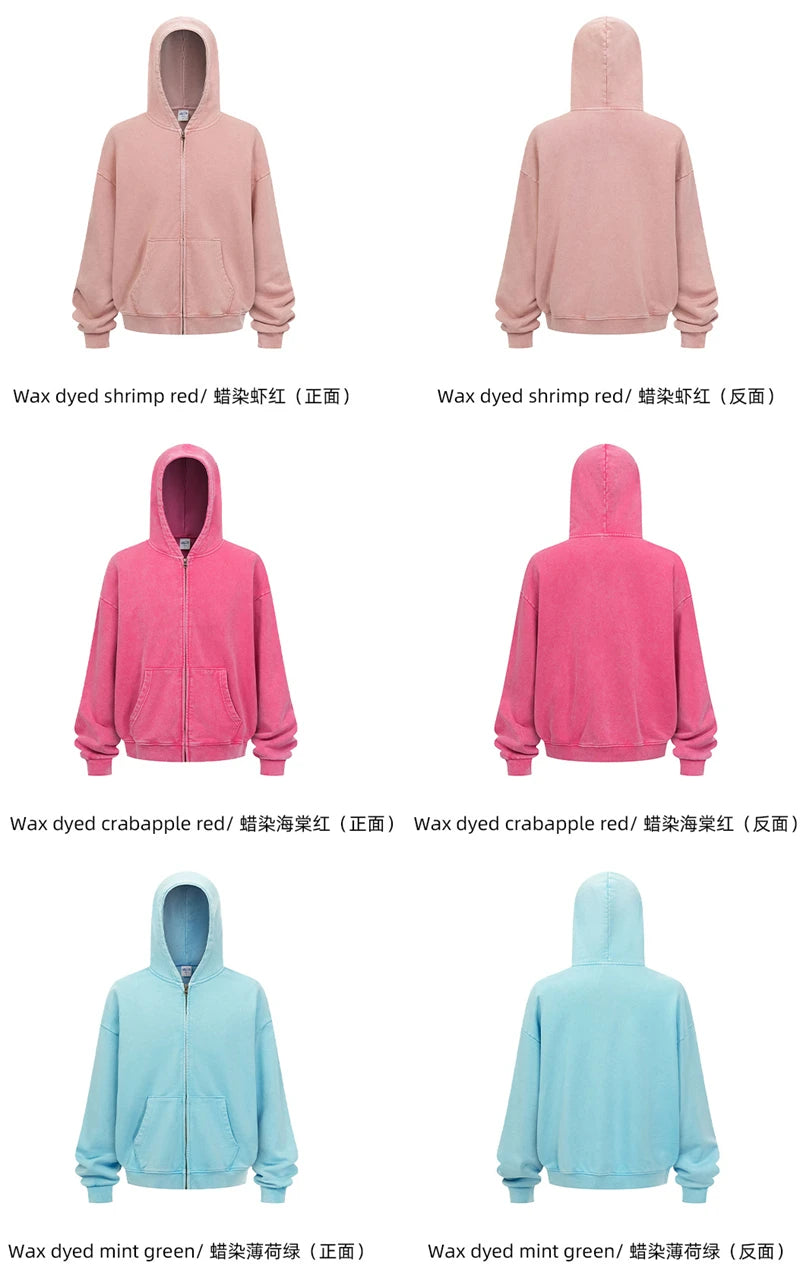 ZODF Trendy Batik Washed 430gsm Man's Zipper Hoodies Unisex Solid Loose Distressed Terry 100% Cotton Hooded Coats HY1159