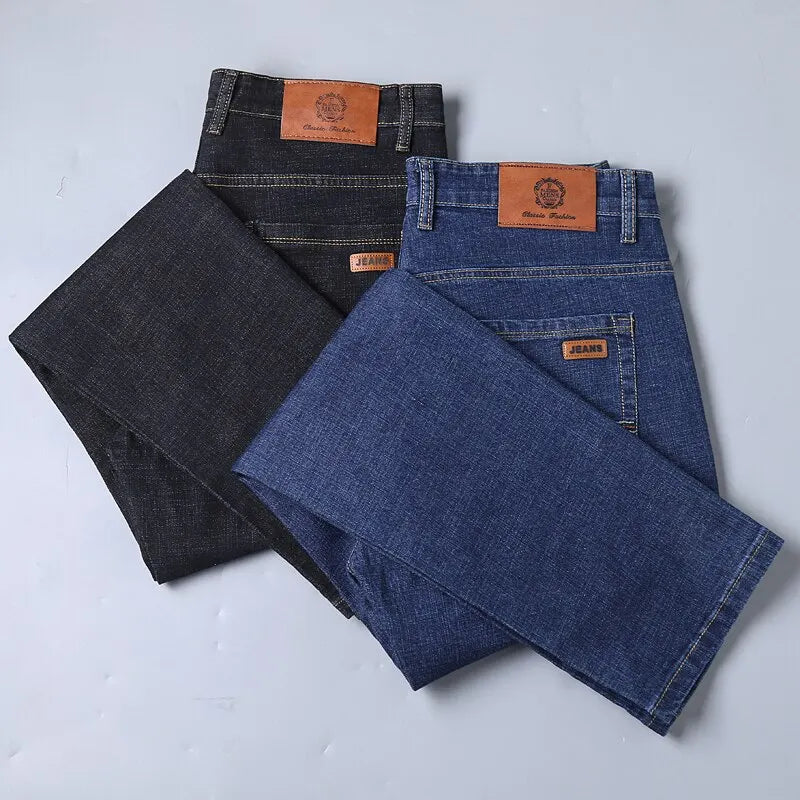 Men's Soft Straight Denim Pants 2025 Autumn Classic Business Black Biker Jeans Overalls