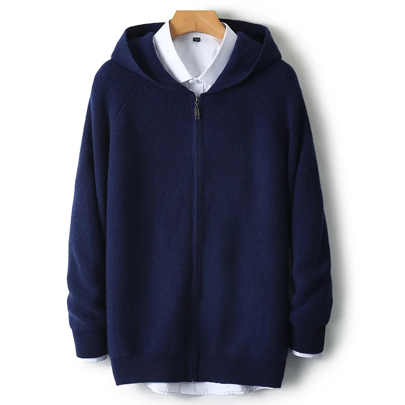Men's 100% Merino Wool Hooded Zipper Cardigan - Autumn Winter Thick Knit Large Size Jacket Long Sleeved Sportswear Coat