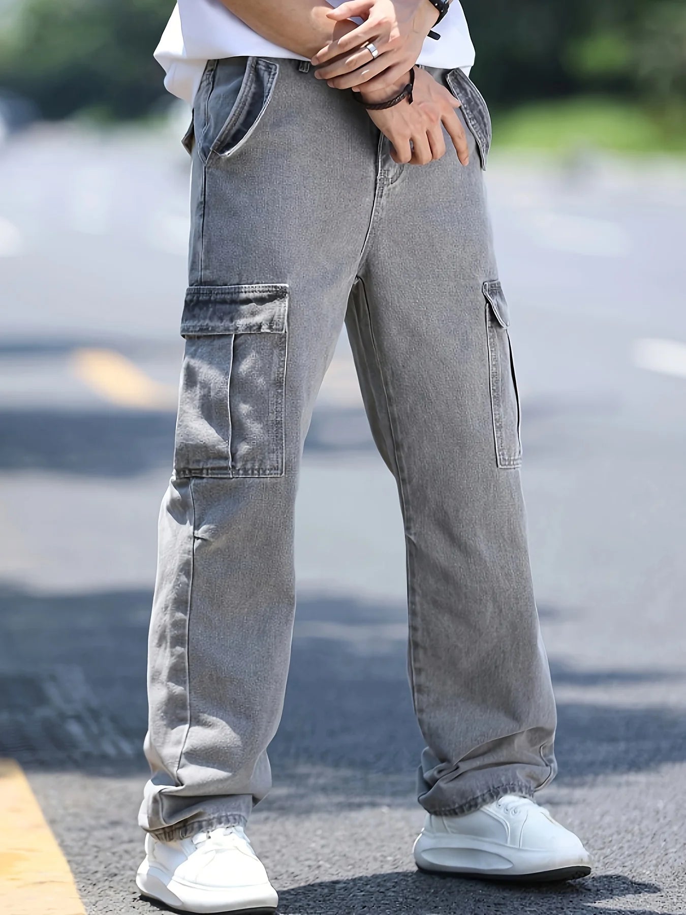 Men's Multi-Pocket Denim Work Pants, Straight-Leg Jeans, Lumberjack Work Pants, Large-Capacity Pocket Jeans