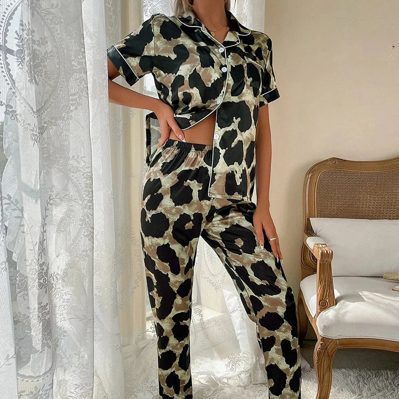 Spring Autumn Pajama Women Silk Satin Pajamas Set Long Sleeve Shirt with Trouser Sleepwear Loungewear Female Pajamas Suits Mujer