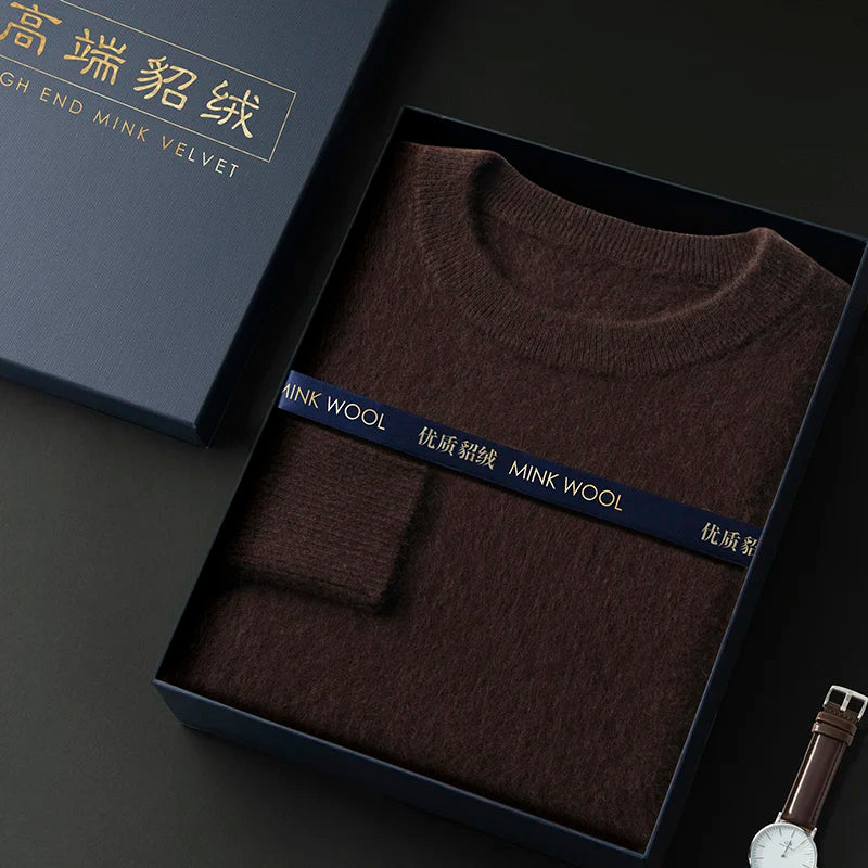 100% Pure Mink Cashmere Men's Round Neck Sweater for Autumn Winter, Casual Knitted Long Sleeved Pullover Sweater Men's Clothing