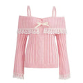 Women's Off Shoulder Knit Sweater Pink Pullover Sweet Long Sleeve Bow Lace Patchwork Jumpers Y2K Streetwear