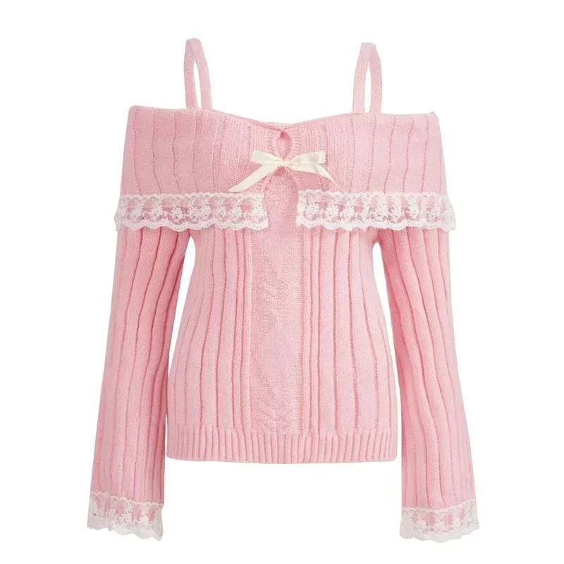 Women's Off Shoulder Knit Sweater Pink Pullover Sweet Long Sleeve Bow Lace Patchwork Jumpers Y2K Streetwear