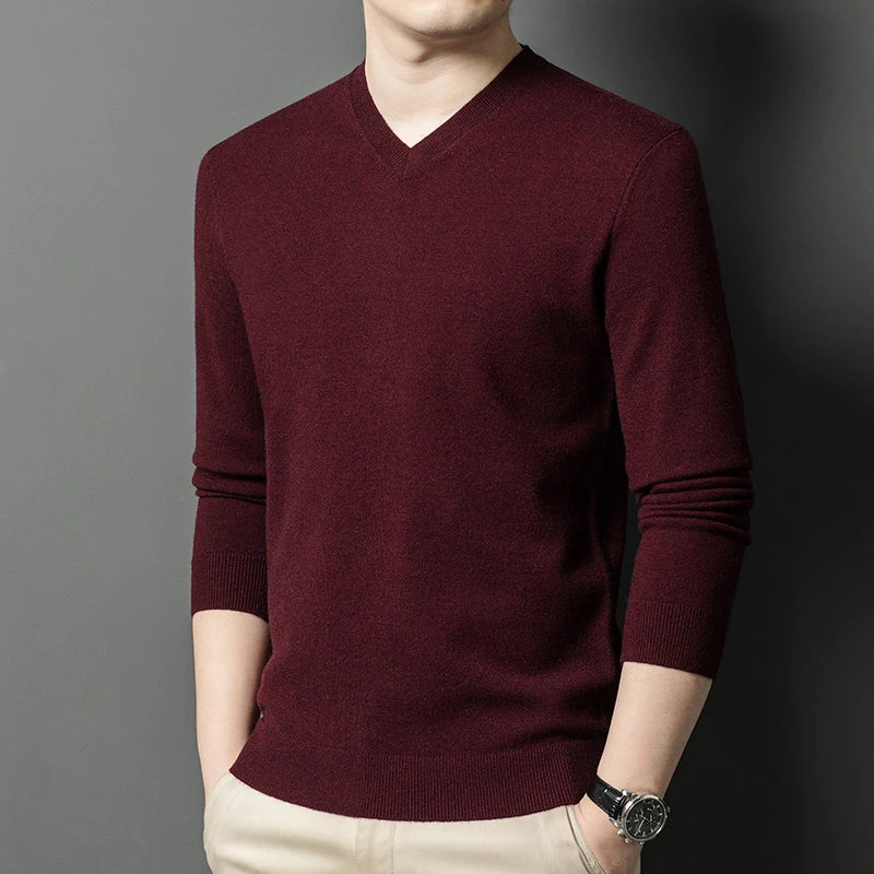 Men's V-Neck Basic Solid Color Sweatshirt Warm Autumn Knitted Oversize Pullover Elastic Round Neck Sweater for Casual Wear