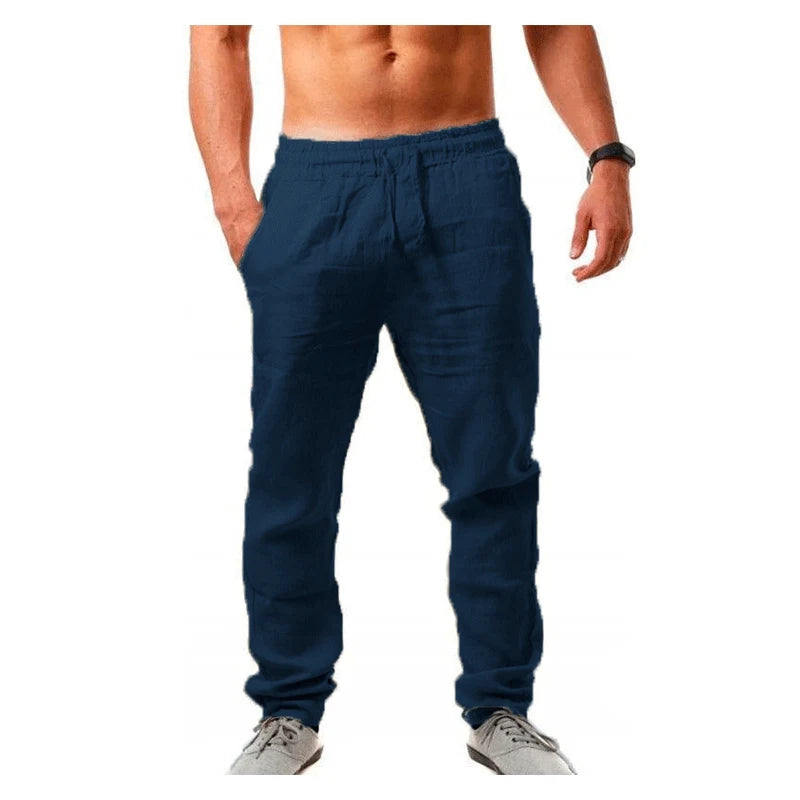 Men's Cotton Linen Pants Loose Cool Casual Long Pants Elastic Waist Lightweight Trousers