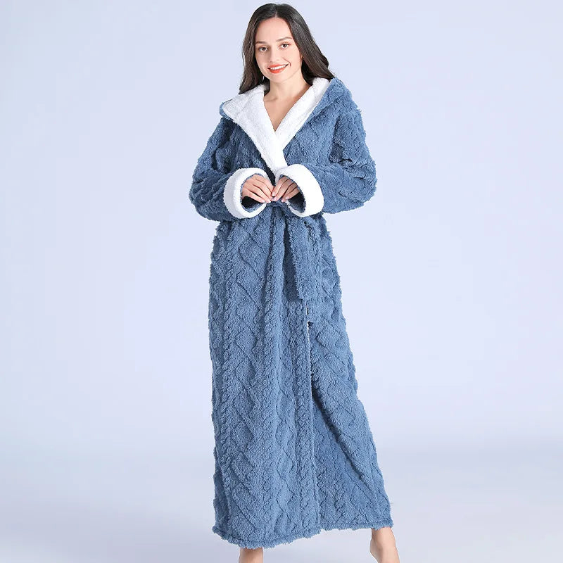 Loose Long Thick Hooded Winter Bathrobe for Women - Flannel Terry Comfortable Sleepwear