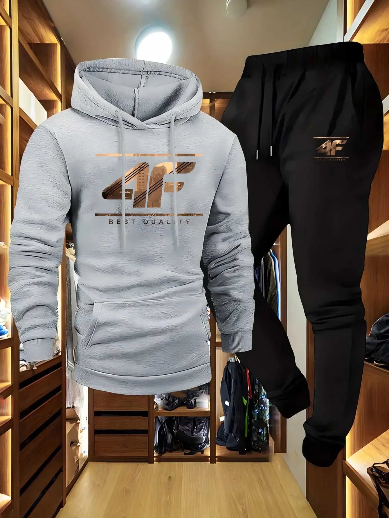 Men's Hoodie & Jogger Set with '4F' Print - Casual Sportswear Beige & Black Matching Tracksuit for Gym Lounge Outdoor
